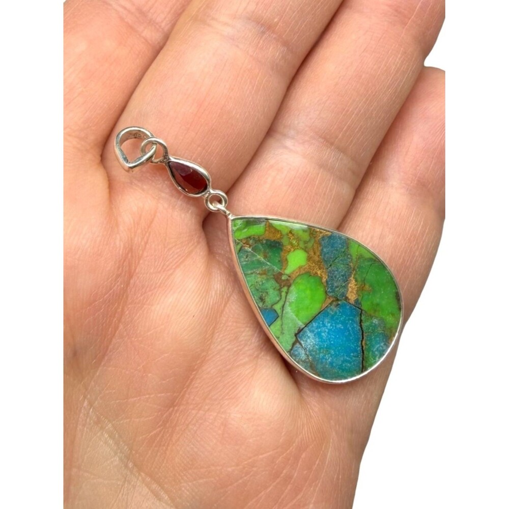 Kingman Green Turquoise Garnet Necklace Pendant Solid 925 Sterling Silver - Picture 3 of 3